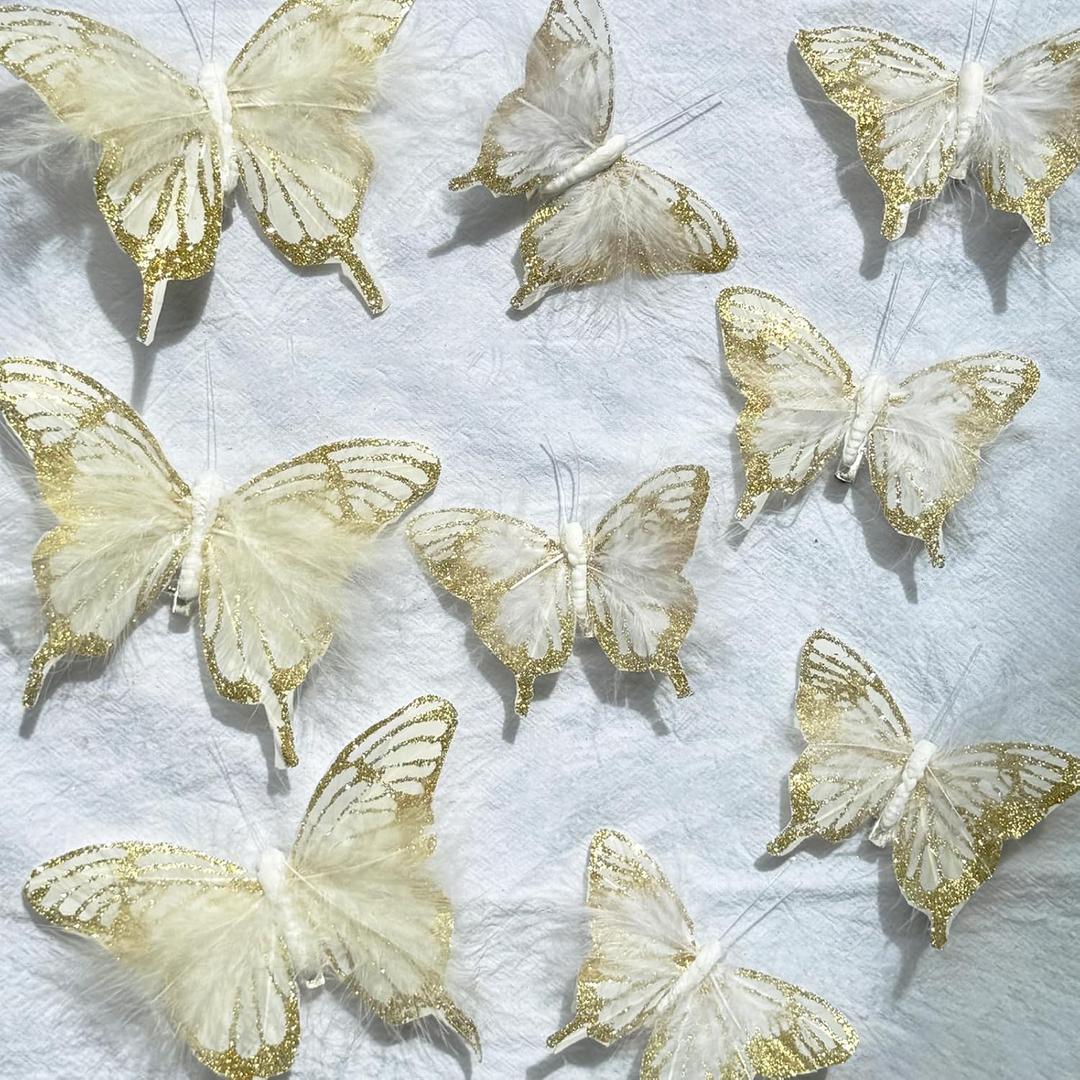 12PCS Christmas Feather Butterfly Gold Glitter Butterfly Decor with Clip Artificial Butterflies for Tree Wreaths Garden Decorations (Golden)
