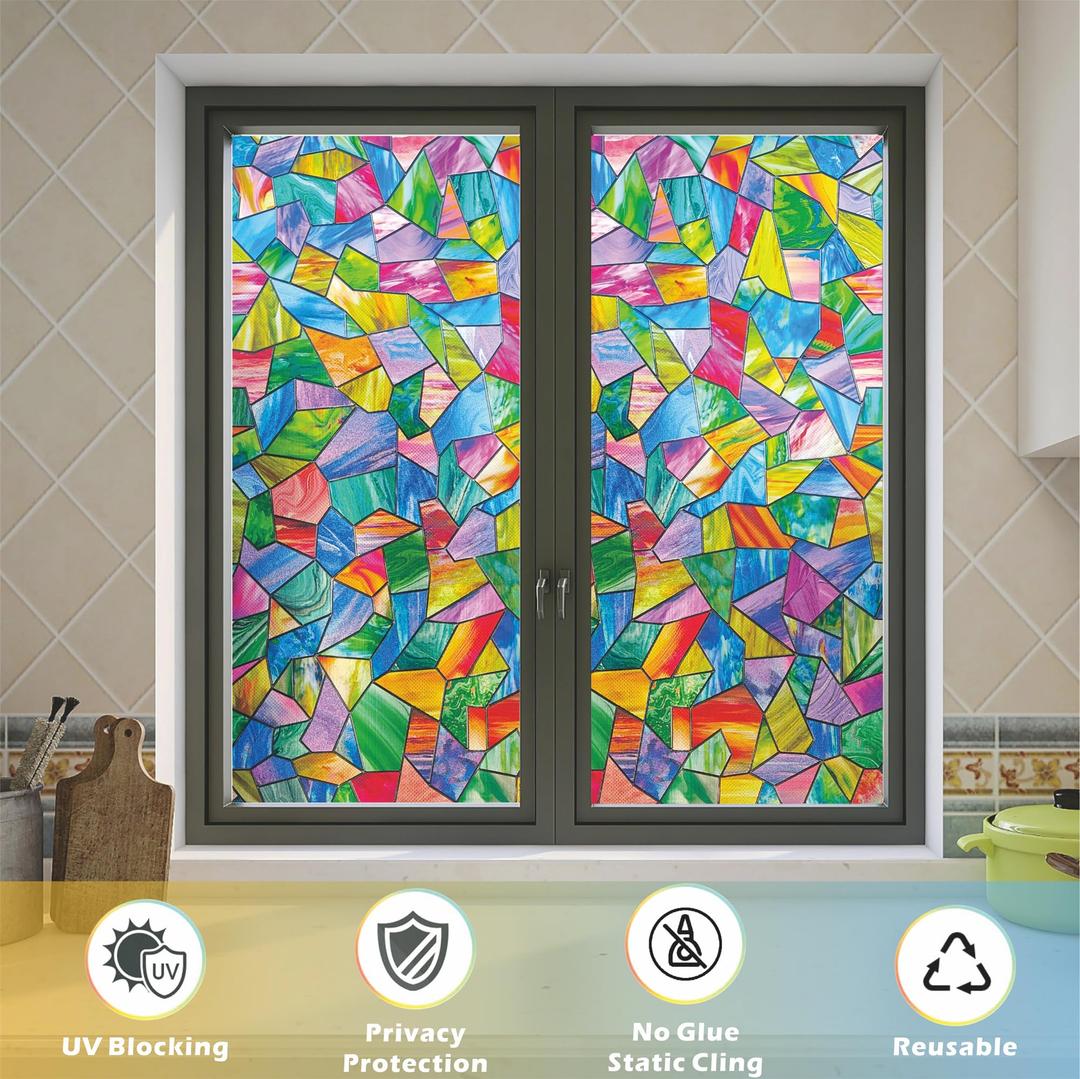 AChoice4U Stained Glass Window Film,23.6" x 35.4" 3D Decorative Static Cling Window Privacy Film,Non-Adhesive UV Blocking Heat Control Window Film (Colorful)
