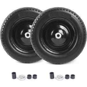 (2-PACK) 4.80/4.00-8" Flat Free Tire and Wheel - Universal Fit 14.5" Solid Wheelbarrow Tires with 3" Hub and 5/8" Bearings Extra Adapter kit includes 3/4" Ball Bearings, 1" and 1/2" Nylon Spacers