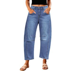 GRAPENT Barrel Jeans for Women Trendy High Waisted Wide Leg Baggy Cropped Relax Fit Stretch Denim Trouser Ankle Pants L