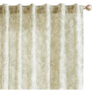 Vangao Green Floral Linen Blend Curtains for Living Room 84 Inches Long Farmhouse Curtains for Bedroom Vintage Print on Beige Light Filtering Window Drapes Back Tab Rod Pocket 2 Panels