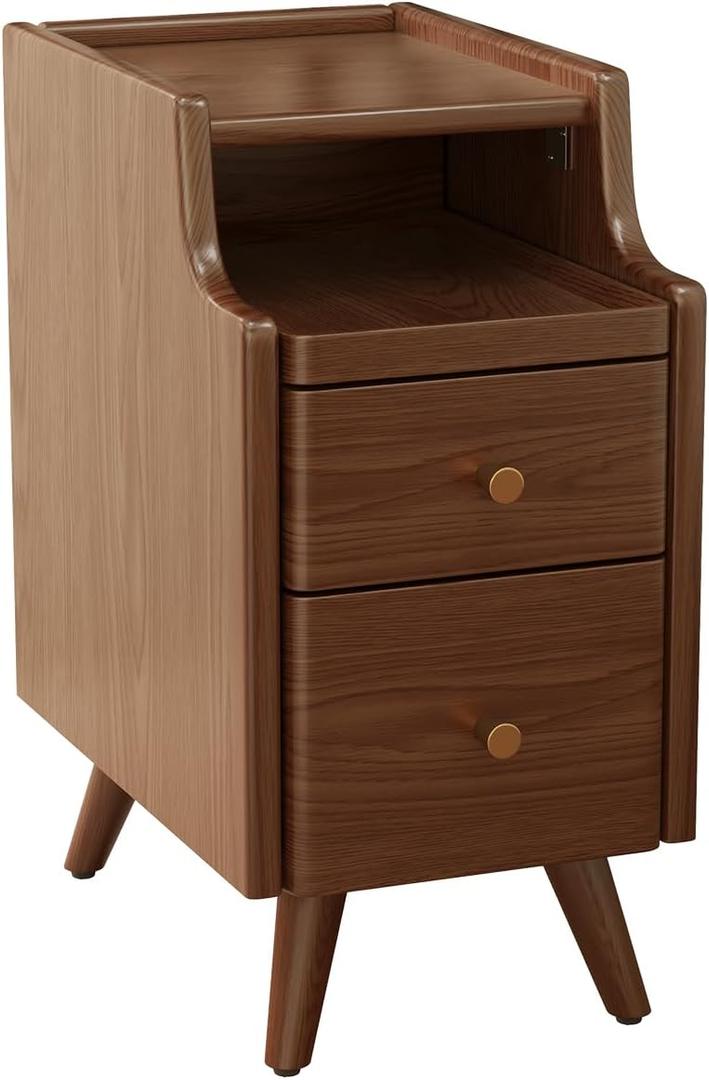 Small Nightstand with Drawers, Solid Wood Bedside Table, Narrow Walnut Nightstand for Bedroom (12")