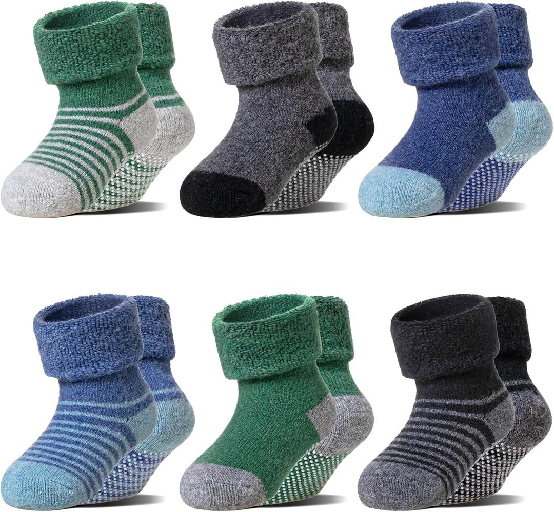 6 Pairs Baby Boy Girl Non Slip Socks Child Toddler Winter Thick Soft Wool Kids Warm Socks with Grips (0-12 Months, Blue/Green Stripe)