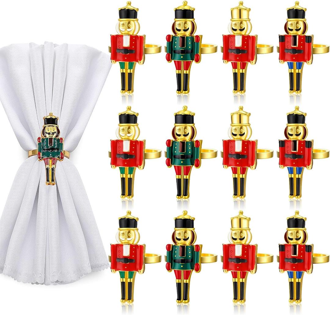 12 Pcs Christmas Nutcracker Napkin Rings, Metal Napkin Holders Christmas Soldier Buckle for Xmas Holiday Table Setting Wedding Vintage Party Decoration(Novel) (Multicolor)