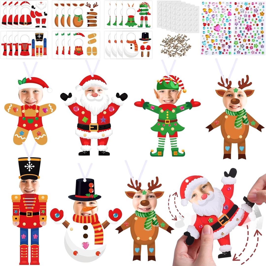 Funrous 24 Pack Christmas Photo Craft Ornament Kit DIY Add Your Own Face Christmas Ornament Funny Personalized Santa Claus Reindeer Nutcracker Gingerbread Man Snowman Elf Ornaments Gift Xmas Decor