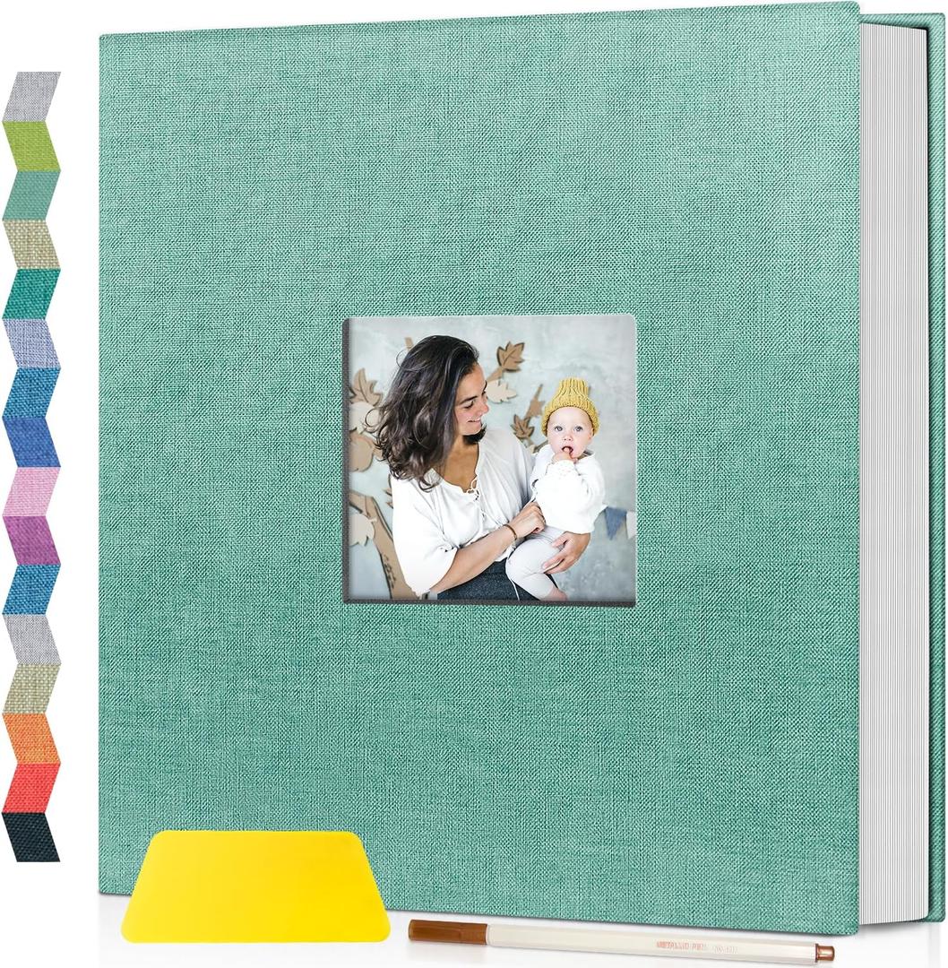Popotop Photo Album Self Adhesive with Picture Display Window,40 Pages DIY Scrapbooking Supplies Kit for 4x6 8x10 Picture,Linen Cover Memory Book for Baby Wedding, with Scraper and Metallic Pen