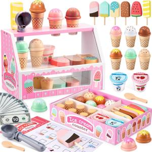 WHOHOLL Wooden Ice Cream Counter Playset for Toddler Girl Toys, Play Store Pretend Toy Food Play Kitchen Accessories with Fake Money & Coin, Christmas Birthday Gifts for 3+ Year Old Kids (Pink)