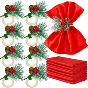 16 PCS Christmas Napkins and Rings Set 8 PCS Red Cloth Napkins & 8 PCS Christmas Napkin Rings Snowy Pine Cone Poinsettia Red Berry Wood Napkin Ring Holders Decor for Holiday Party Gathering Dinner (Middle)