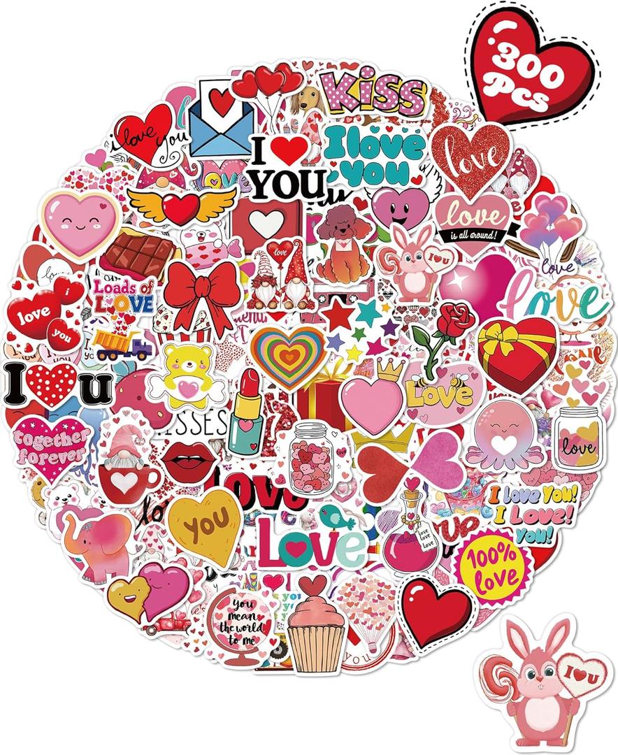 kecristv 300 Pcs Valentines Stickers for Kids, Valentines Party Favors, Bulk Crafts Prizes & Goodie Bags Stuffers, Waterproof Vinyl Water Bottle Stikers Pack
