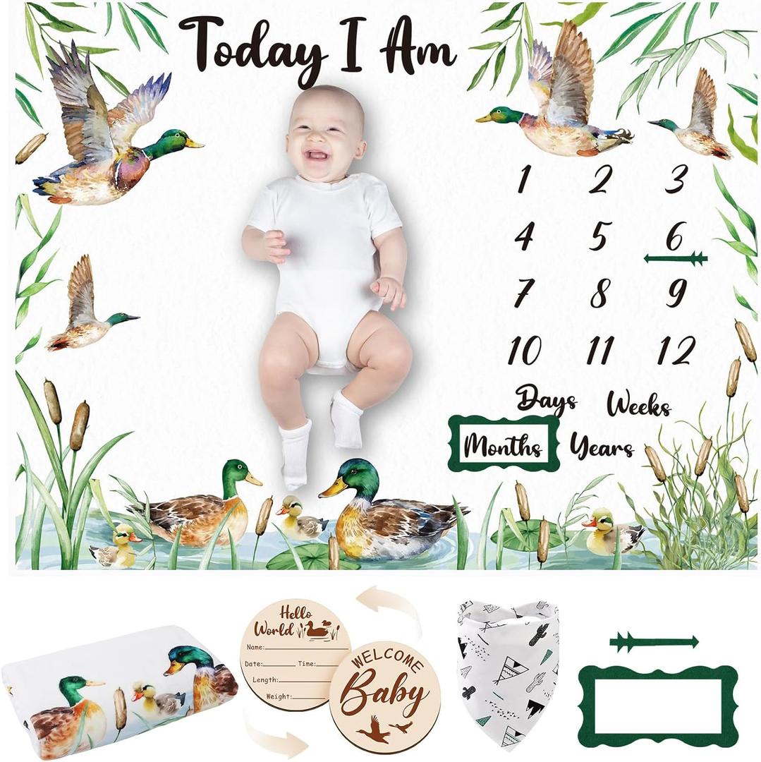 Mallard Duck Monthly Milestone Blanket for Baby Boy Flannel Newborn Infant Swaddle Growth Chart Photography Background with Baby Birth Signs, Felt Frames, Bibs
