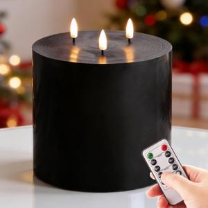 Eywamage 3 Wick Black Flameless Pillar Candle with Remote, Flickering Large Battery LED Wax Candle Φ 6" H 6"
