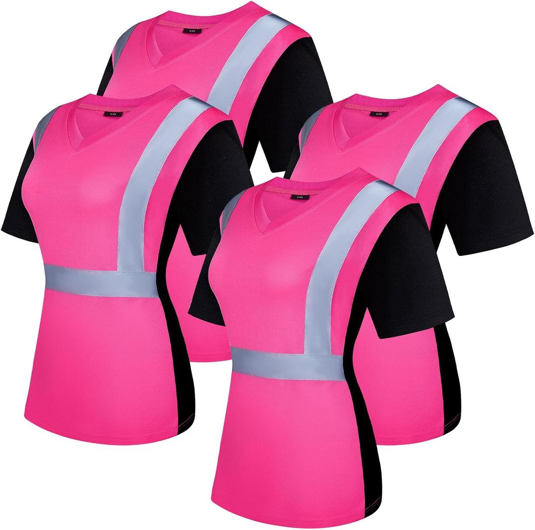 4 Pcs Women High Visibility Safety Shirts Hi Vis T-Shirt Safety Workwear Work Construction Short Sleeve (Medium, Pink)