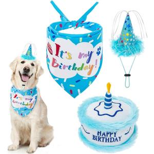 EXPAWLORER Dog Birthday Bandana Set - Cute Hat and Squeaky Cake Toy for Birthday Party Supplies Gift - Great for Small Medium Large Dogs Blue