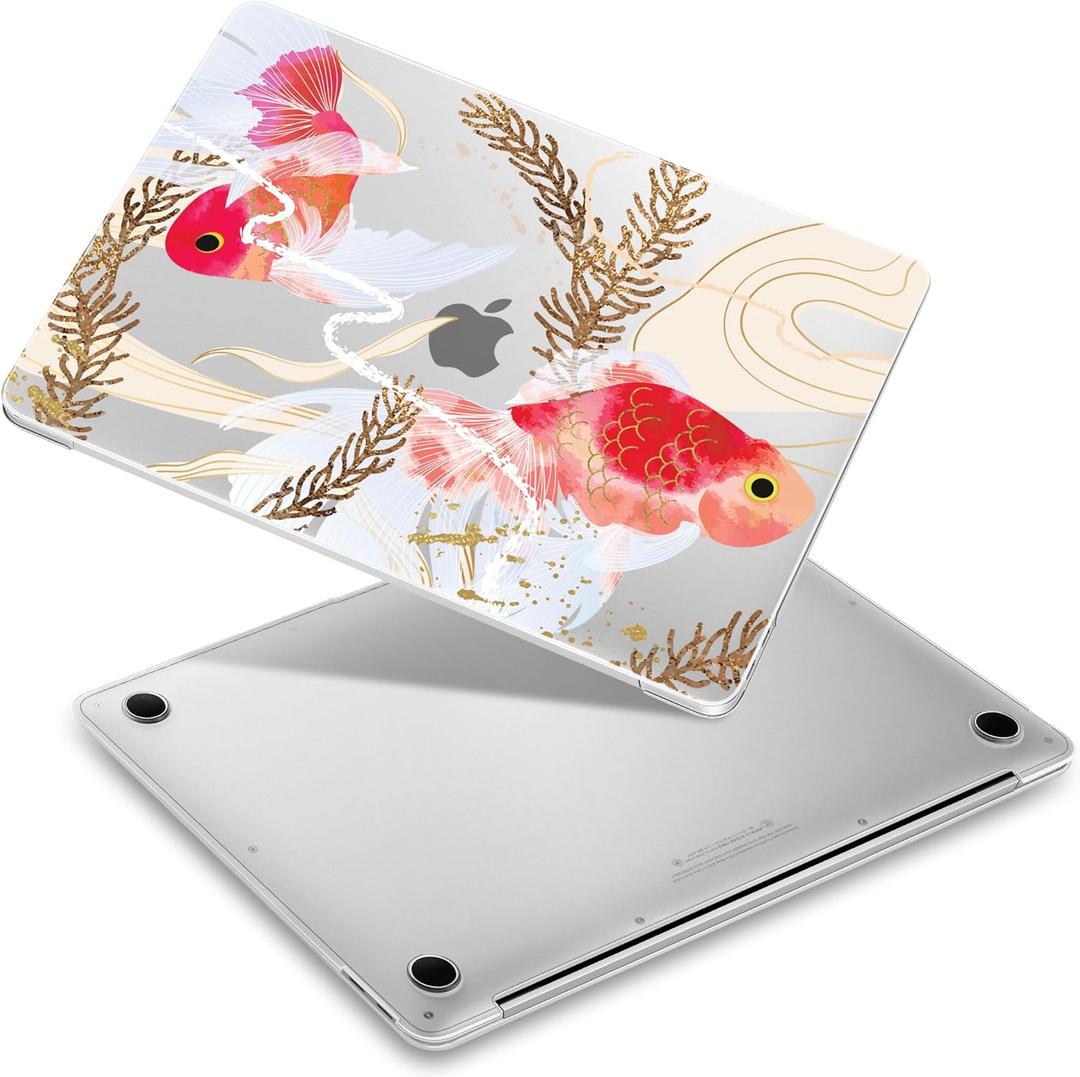 Case for MacBook Air 13 inch 2021 2020 2019 2018 Model A2337 M1/A2179/A1932, Laptop Hard Shell Case with Keyboard Cover & Screen Film & OTG Adapters & 2 Webcam Covers, Goldfish