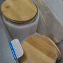 3 Pcs Glass Canisters with Airtight Bamboo Lids and 42 Kitchen Pantry Labels Preprinted - Clear Glass Flour and Sugar Storage Container Set - Large Glass Jars with Wood Lids(100 OZ/54 OZ/27 OZ)