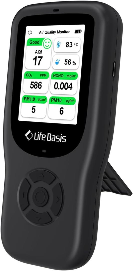 LifeBasis Air Quality Monitor Indoor, 11-in-1 Air Quality Detector with Stand, Real-Time Air Meter Test AQI, PM1.0, PM2.5, PM10, CO2, TVOC, HCHO, Particles, Temperature and Humidity, Dual Alert -Black