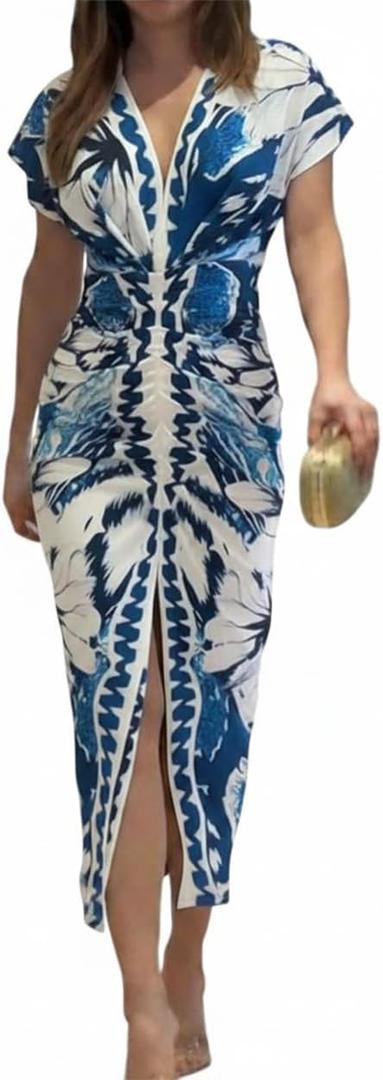 CHICME Summer Dresses for Women Floral Print Plunge V Neck Midi Dress Casual Ruched Slit Bodycon Party Dress (XL)