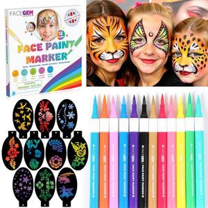 12 Colour Face Paint  Water-Based  Mess-Free Face Painting Kit with Stencils  Fast-Drying, Washable, Easy to Clean, Non-Toxic Face Paint for Festivals, Parties, Masquerade, Fancy Dress, Carnival