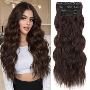 ALXNAN Clip in Long Wavy Synthetic Hair Extension 24 Inch Chocolate Brown 4PCS Thick Hairpieces Fiber Double Weft Hair for Women