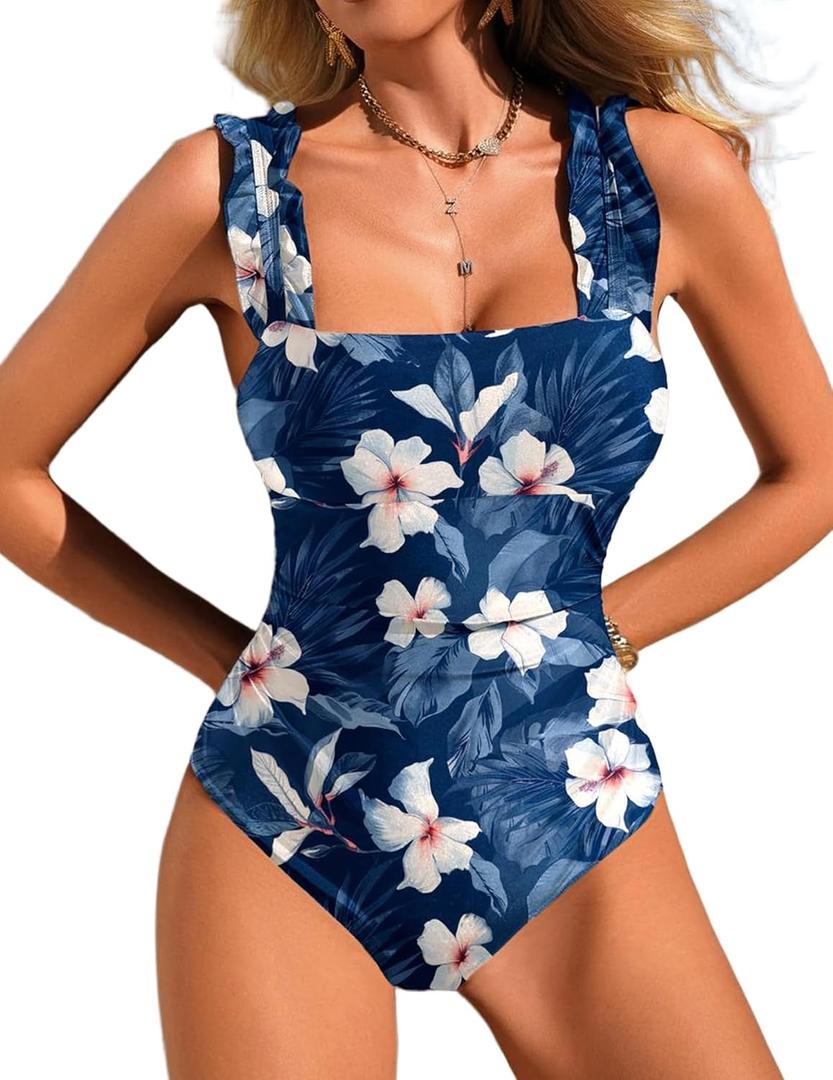 Ekouaer Women's One Piece Swimsuits Square Neck Tummy Control Bathing Suit with Adjustable Ruffled Straps Swimwear (Navy Floral, Small)