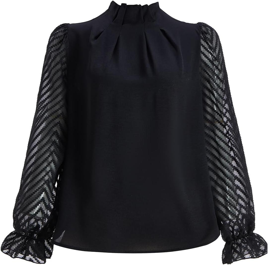 Women's Mesh Ruffle Long Sleeve Tops Fall Elegant Mock Neck Pleated Business Casual Blouses (Black, M)