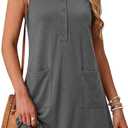 Women's Cotton Sleeveless Nightgowns Summer Tank Sleepwear Henley Lounge Dress With Pocket (Gray, M)