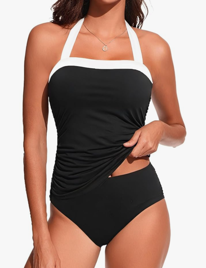 Womens Two Piece Tankini Swimsuit Tummy Control Bathing Suits Slim Halter Swimwear with High Waisted Bottom S