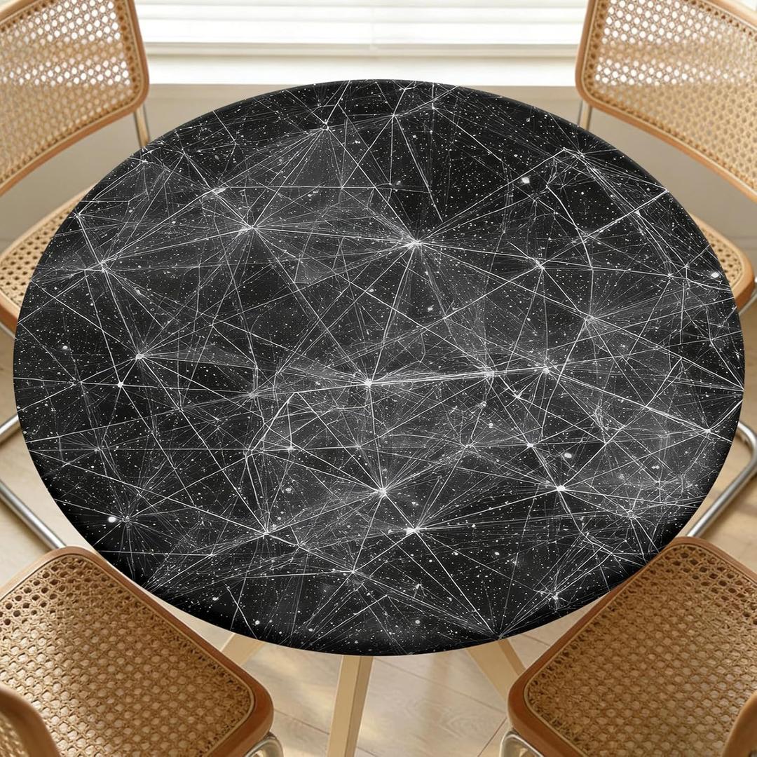 Round Fitted Tablecloth with Elastic Edge Design Table Cover Waterproof Stain-Resistant Wipeable Table Cloth Best for Outdoor/Indoor for 38"-42" Round Tables Black Geometry