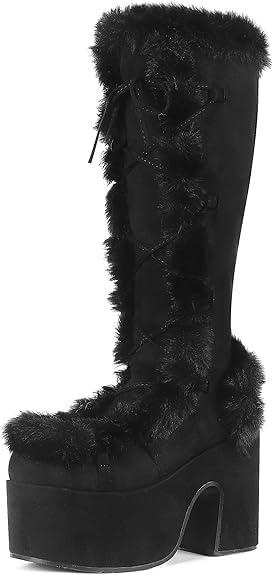 VIMISAOI Womens Mid Calf Boots, Lace Up Zip Block Chunky High Heel Punk Goth Warm Fur Winter Snow Platform Boots (5.5, Black)
