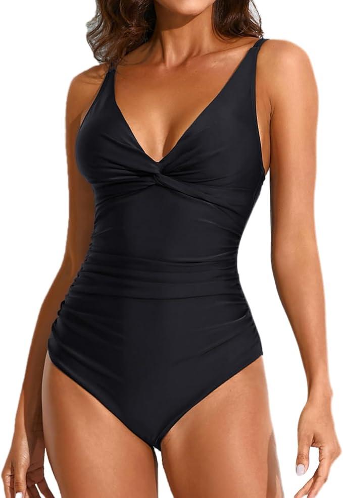 Smismivo Women's Tummy Control Swimsuit One Piece Slimming Ruched Push Up Bathing Suit Vintage Padded Retro V Neck Swimwear 7