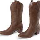 DREAM PAIRS Women's Square Toe Cowboy Cowgirl Boots Embroidered Mid Calf Western Boots Fashion Dress Low Chunky Heel Boots for Theme Party Country Concert (9, Brown-pu)