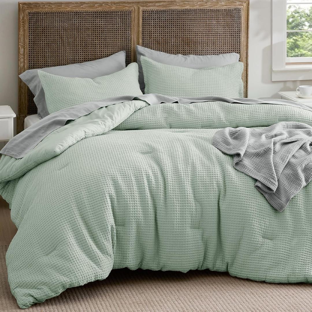 Bedsure Waffle Comforter Set Queen, Sage Green Soft Cotton Bedding, Waffle Weave Bed Set, 3 Pieces, 1 Comforter (90"x90") and 2 Pillow Shams, Premium Cotton Cover with Polyester Fill for All Seasons