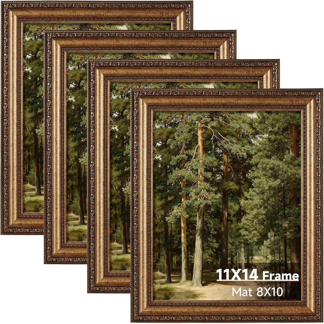 11x14 Gold Picture Frame Set of 4, Vintage Antique Picture Frames for Wall or Tabletop, 11 x 14 Ornate Bronze Photo Frame with Real Glass, Display 8x10 Poster with Mat or 11x14 without Mat, 4 Pack