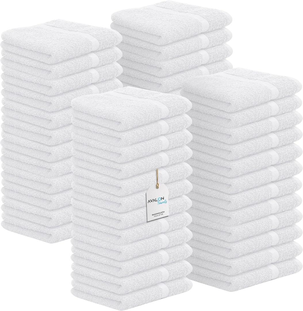 Avalon Towels Cotton Washcloths  (Pack of 48) Size 12x12 Inches, 100% Ring Spun Cotton, Soft & Absorbent Face Towels, Gym Towels, Hotel and Spa Quality, Reusable Fingertip Towels (White)