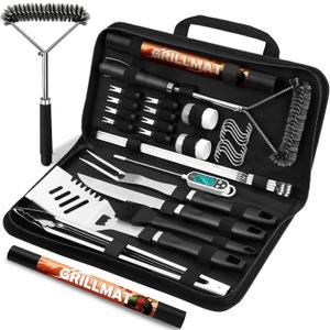 31pcs BBQ Grill Accessories Set for Men Dad, Heavy Duty Grilling Tools Gifts for Valentines Day, Stainless Steel BBQ Utensils Kit with Mats, Grill Brush in Carrying Bag Black