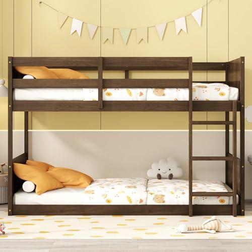 Twin Over Twin Floor Bunk Bed with Panelled Headboard and Footboard, Solid Rubber Wood Foundation with Safety Guardrails, Built-in Ladder,Antique Oak