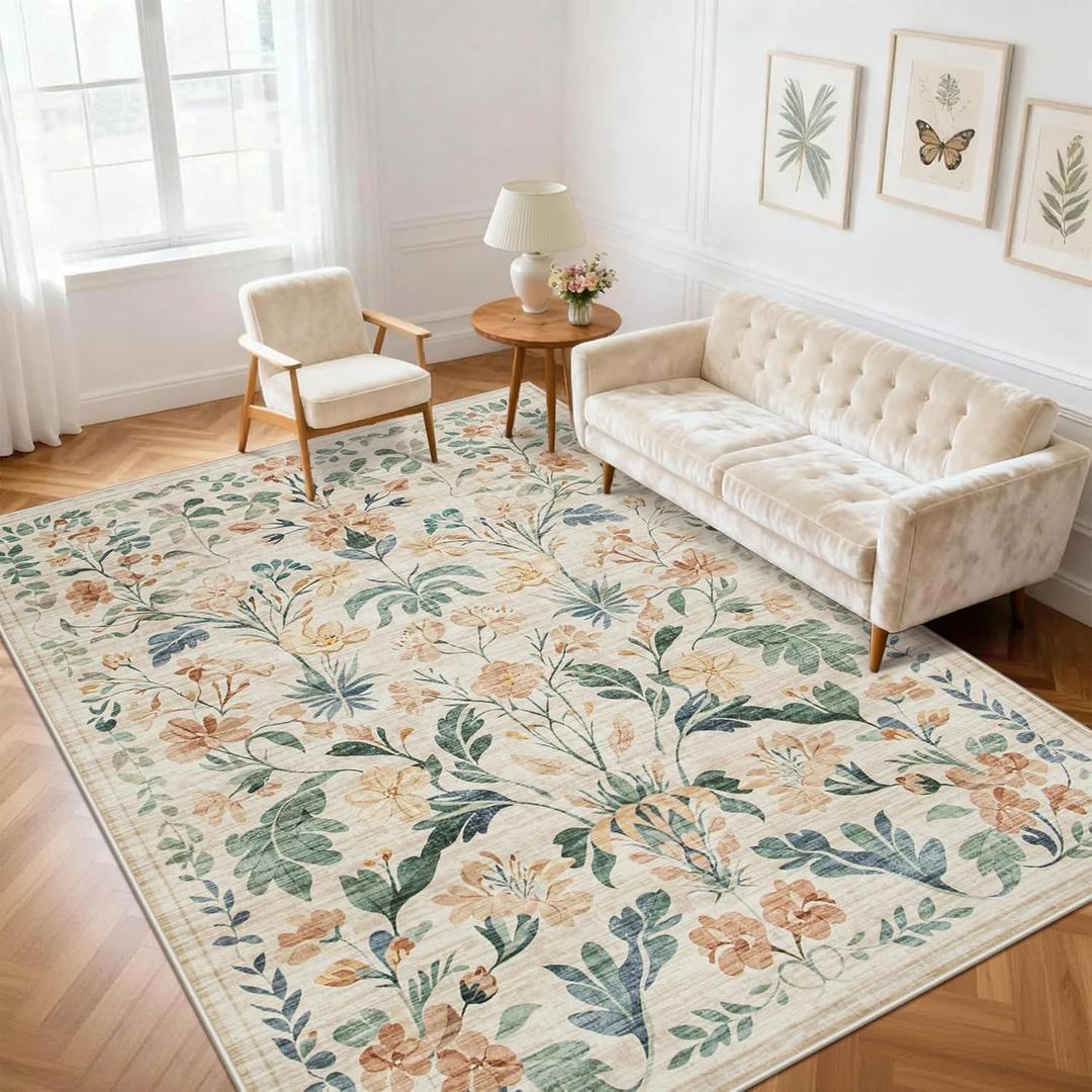 6x9 Area Rugs Washable Rug: Lagre Boho Living Room Rug Soft Non-Slip Thin Carpet Indoor Floor Non-Shedding Neutral Floral Carpets for Bedroom Dining Room Farmhouse Nursery Beige