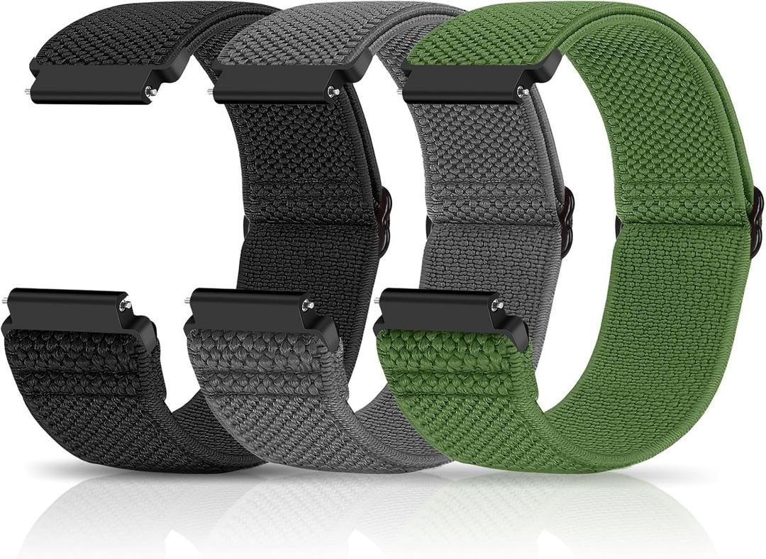 Compatible with 16mm 18mm 19mm 20mm 22mm 24mm Watch Bands Quick Release Replacement Wristband,Adjustable Stretchy Nylon Solo Loop Straps Fabric Braided Sport Elastic Bands for Men Women (Black+Grey+Army Green)