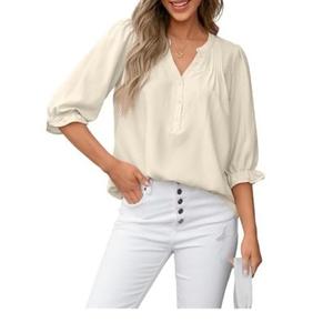 Dokotoo Womens Tops Spring Summer V Neck Button Up Short 3/4 Sleeve Shirts Business Casual Blouses Size S