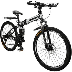Bruce & Shark 26" Folding Mountain Bike for Men, 21 Speeds Full Suspension Commuter Bicycle, High Carbon Steel & Disc Brakes, Portable City Outdoor Bike for Adult Youth Teen (white black)