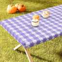 Rectangle Vinyl Table Cloth, Waterproof Elastic Fitted Tablecloth with Flannel Backing, Plastic Table Cover for Picnic, Camping, Outdoor (White & Lavender, 30"x72")