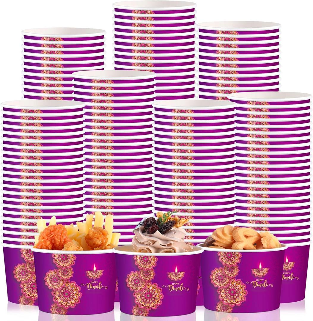 Maxdot 50 Pcs Happy Diwali Snack Cups 9oz Disposable Ice Cream Cups Decorative Paper Dessert Bowls Indian Deepavali Party Supplies for Yogurt, Cupcakes, Soup Hot or Cold Food