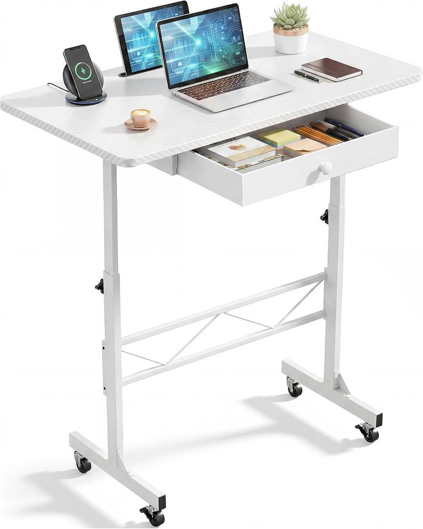 COMHOMA Small Standing Desk with Storage Drawer, Mobile Height Adjustable Rolling Sit Stand Desk with Lockable Wheels 4‑Level Portable Laptop Desk for Small Space Home Office Treadmill Workstation, 31.5 x 15.75 x 45.86 inches
