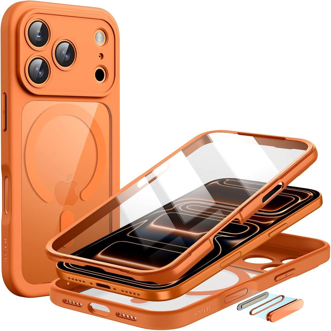 JETech Case for iPhone 17 Pro 6.3-Inch with Built-in Tempered Glass Screen Protector and Camera Control Button, Compatible with MagSafe, 360 Degree Full Body Cover (Orange)