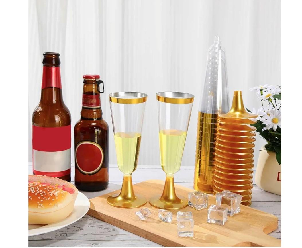 50 Pcs Plastic Champagne Flutes Disposable Champagne Glasses Bulk 5.5 oz Clear Mimosa Cocktail Cups with Rim Detachable Glasses for Wedding Party Birthday Anniversary(Gold, Clear)