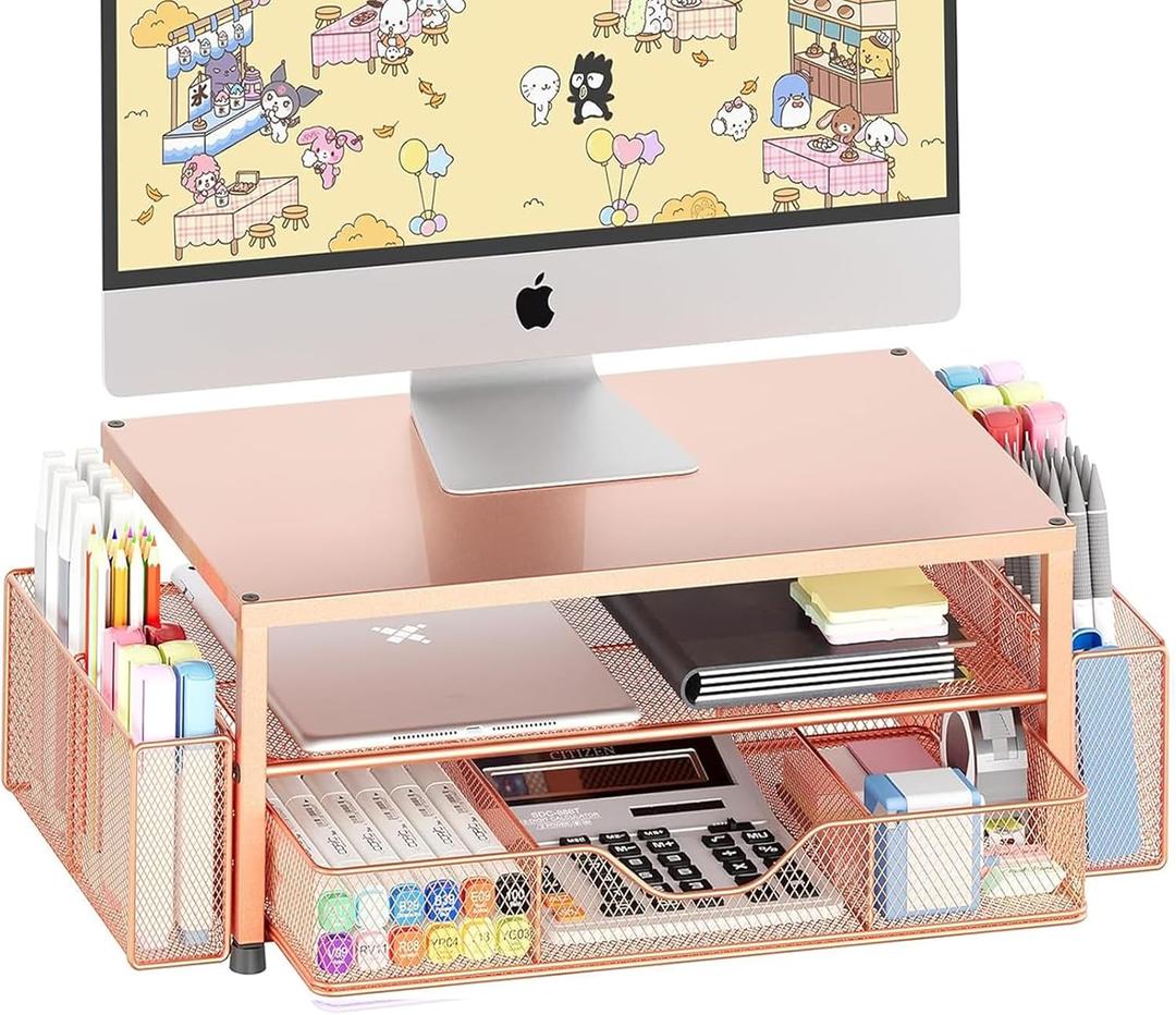 Desk Organizers and Accessories, 2-Tier Computer Monitor Stand with Drawer and 2 Pen Holders, Office Desk Accessories for Office Supplies, Rose Gold