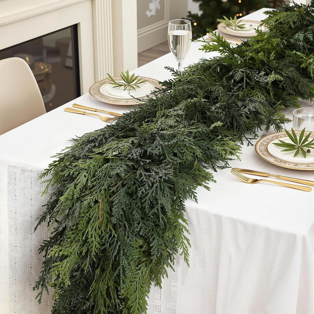 SHareconn 9FT Christmas Cedar Garland Decoration, Artificial Realistic Faux Cypress Greenery Garland for Winter Mantle Table Stairs Railing Fireplace Holiday Indoor Outdoor Decor, 9 FT