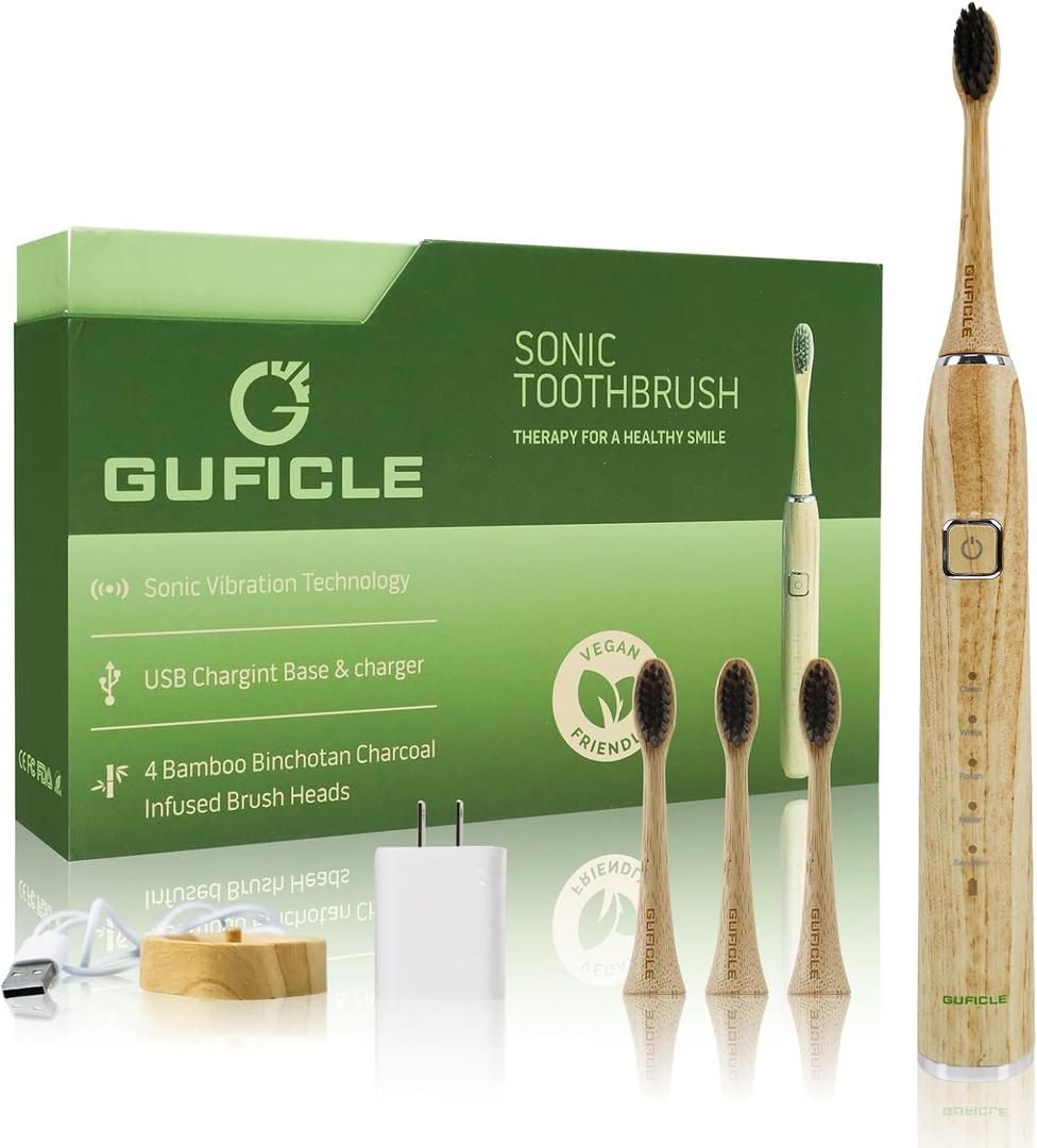 Bamboo Electric Toothbrush, Sonic Electric Bamboo Toothbrush for Adults, IPX7 Waterproof Rechargeable Toothbrush, 5 Cleaning Modes, 4 Bamboo Brush Heads Soft Bristle