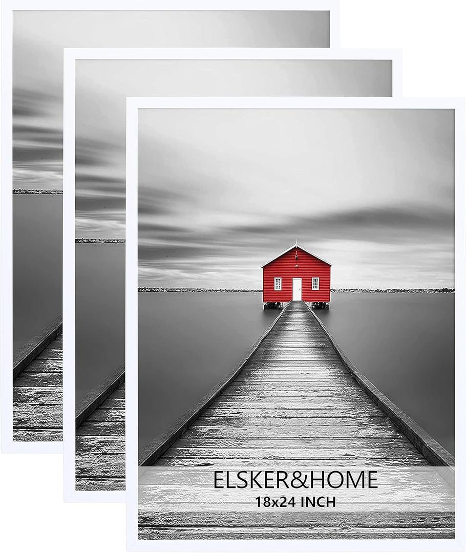 ELSKER&HOME 18"x24" Poster Frame 3 Pack, White Picture Frame for Horizontal or Vertical Wall Mounting, Sturdy and Scratch-proof