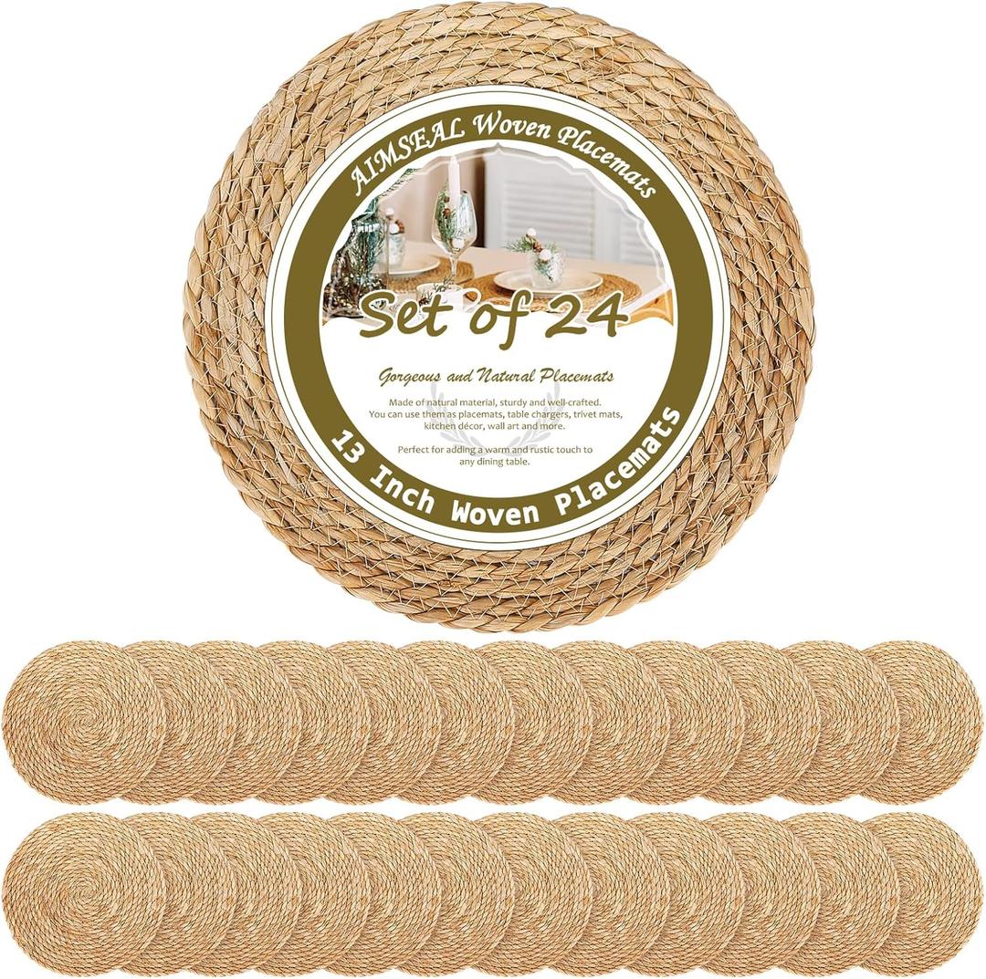 13 Inch Placemats Set of 24, Boho Round Woven Place Mats for Dining Table Decor, Rustic Jute Chargers for Dinner Plates, Outdoor Patio, Farmhouse Wedding, Water Hyacinth Wicker Rattan Braided Placemat